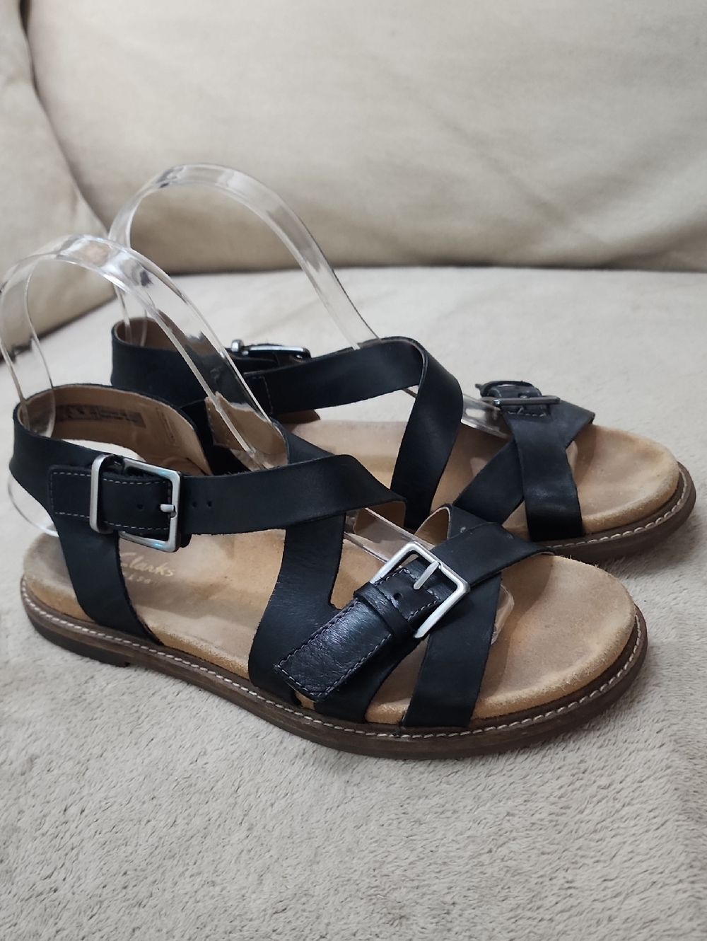 Clarks Black Leather Strappy Buckle Sandals